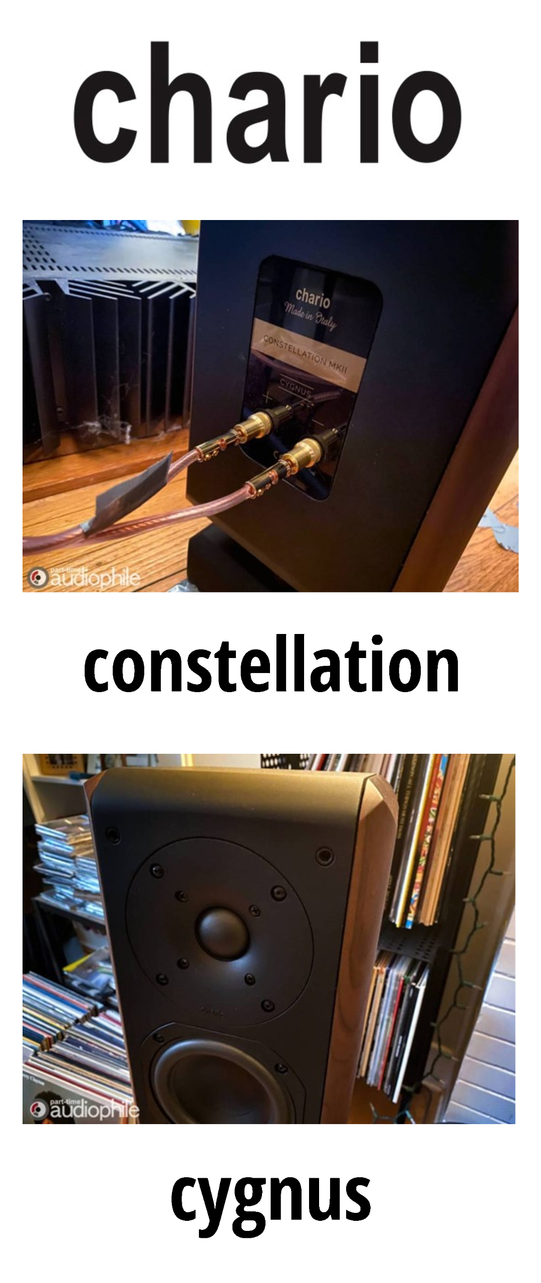 Chario Constellation Cygnus speaker rear connection set up and tweeter close up